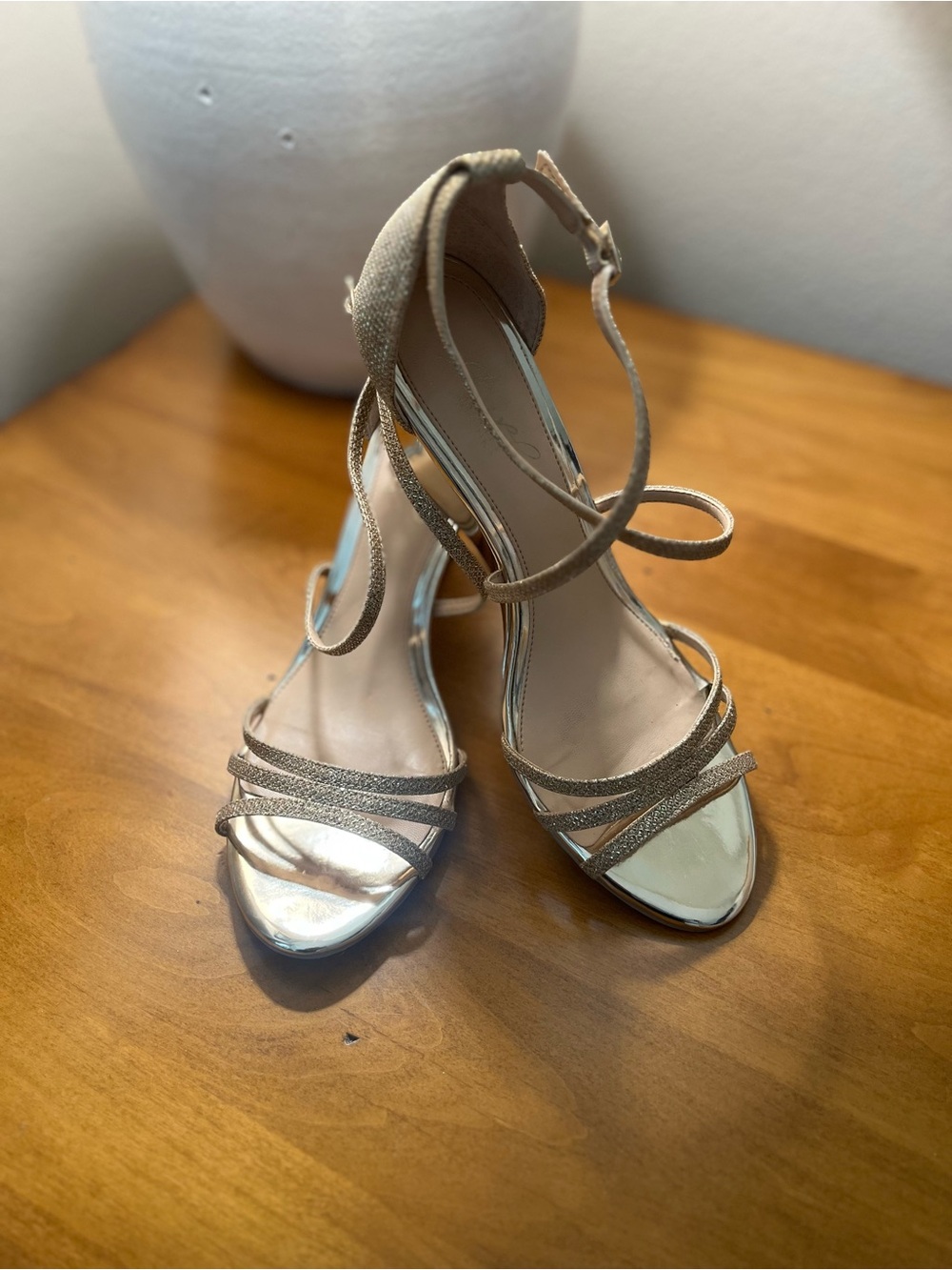 Jewel Badgley Mischka Strappy Ankle-Tie Wedge Sandals in Metallic Gold